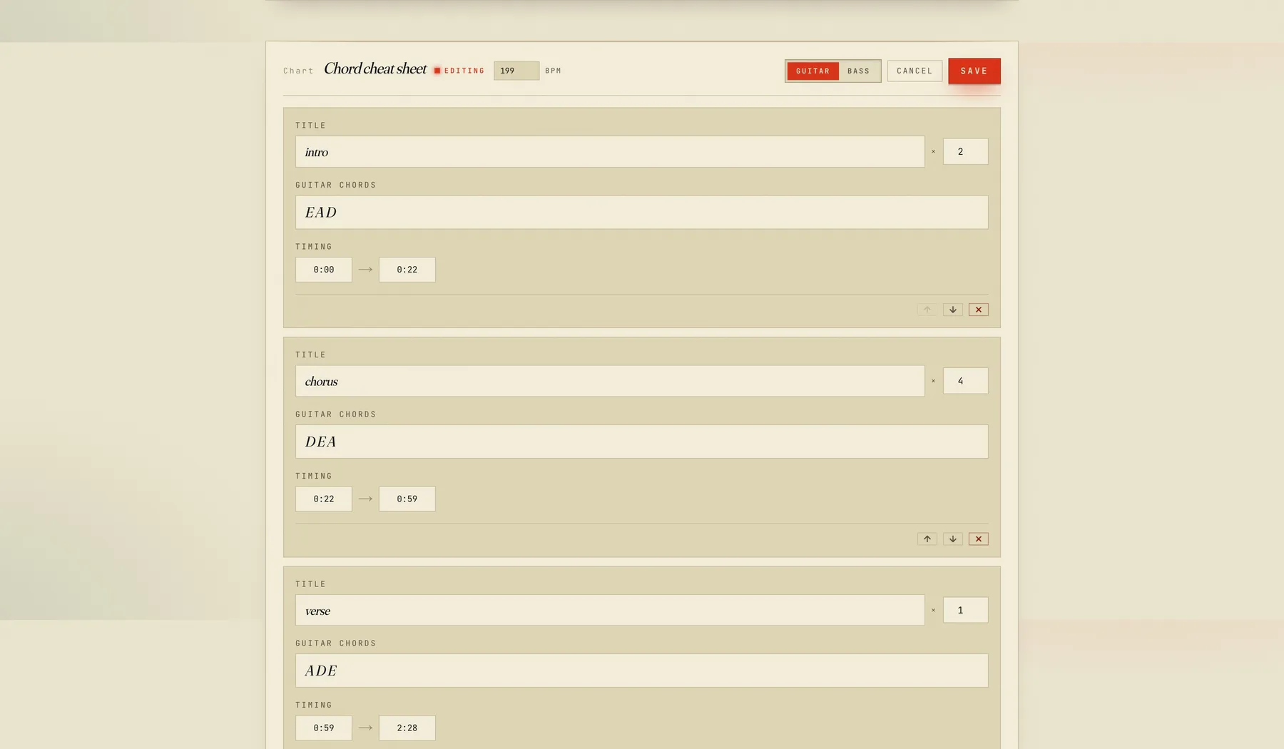 The chord chart in editing mode, with sections, chords, lap counts and timings.