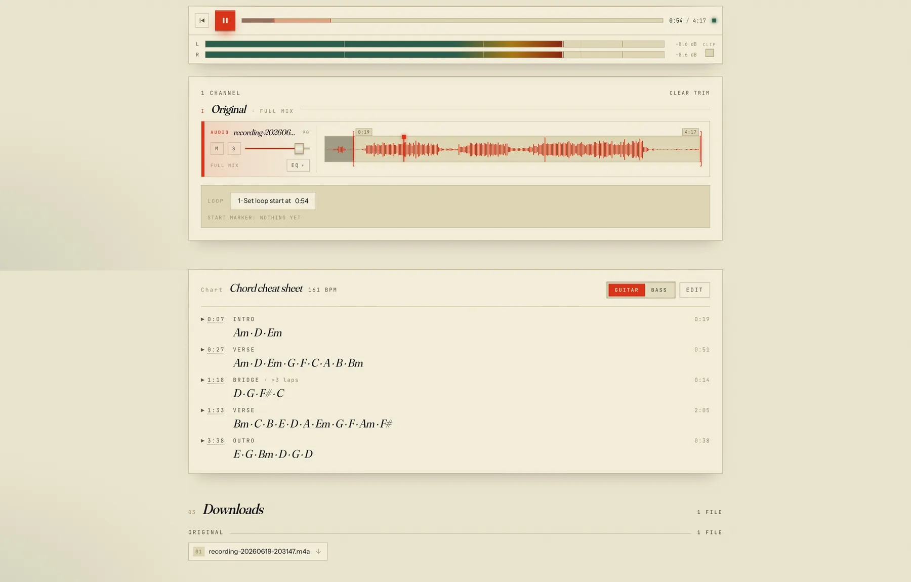 A session playing: transport, stereo meters, a channel strip with its waveform and a loop marker.